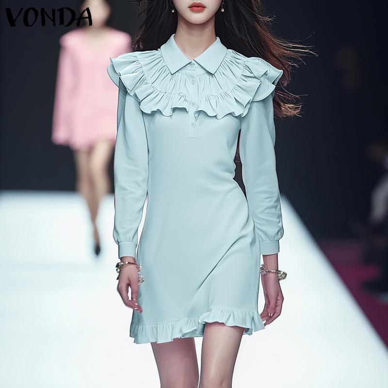 VONDA Women Elegant Lapel Ruffled Solid Color Long Sleeve Dresses