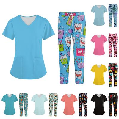 Plus SizePrinted Scrub Working Uniform Tops For Women's Cross V-Neck Halloween Print Short Sleeve Fun T-Shirts Workwear Tee With Pockets