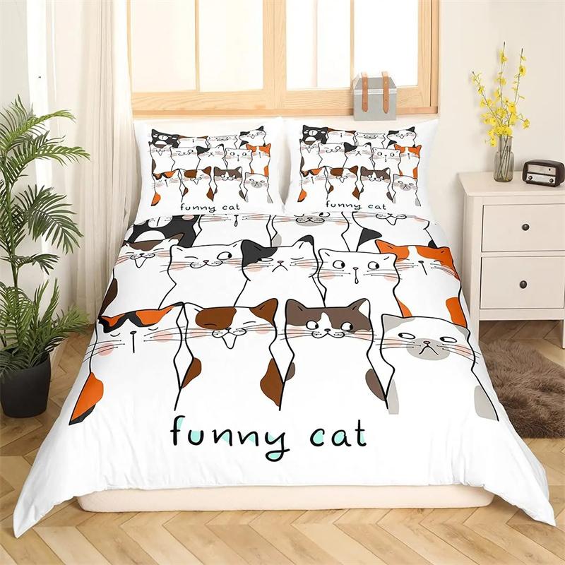 Cute Cat Cartoon Animals Children Girls Gifts for Bedroom Decorations Kawaii Duvet Cover Cartoon Pet Cat Theme Queen King Size