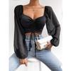 Spring Women's Blouse Low-cut Sexy V-neck Splicing Chiffon Drawstring Lantern Sleeve Slim Tops
