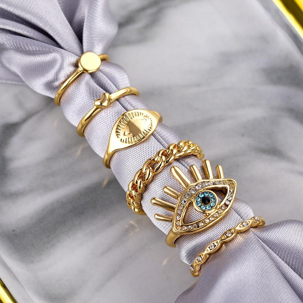 Sada prstenů s českým zlatým řetízkem pro ženy Fashion Boho Coin Snake Moon Rings Dárkové šperky Party Trend