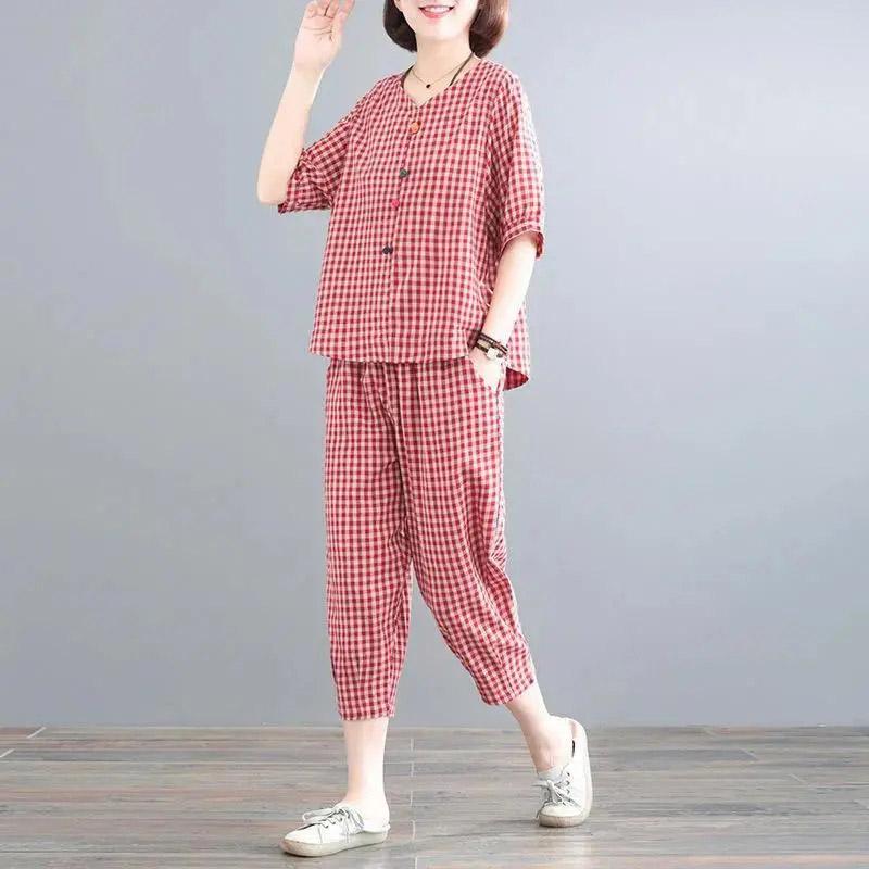 

Футболка великого розміру Довгі штани Двоскладові Топи з короткими рукавами Довгі штани Вільний повсякденний ретро Бавовняний жіночий одяг із двох частин XXXXL червоний