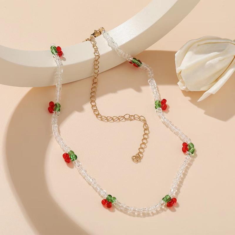 Summer Lovely Rice Beaded Beaded Necklace Fresh With Cherry Necklace Women Choker Clavicle Chain Jewelry Gift