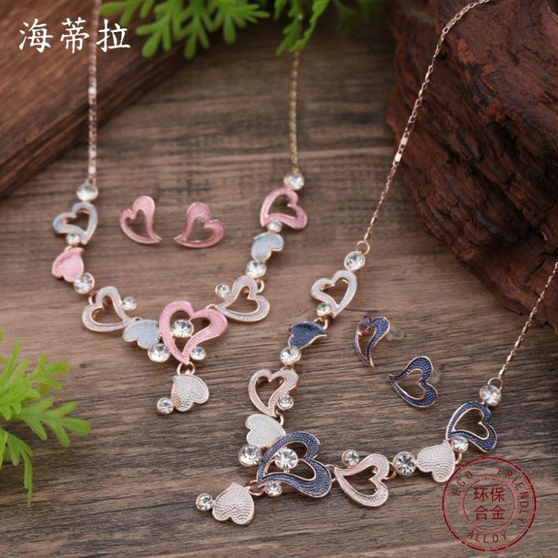 New enamel color hollow love stud earrings necklace set women's fashion high sense heart necklace