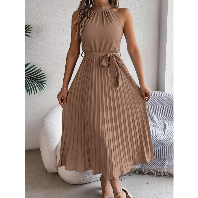 Sleeveless Summer Pleated A-line Dress Casual Solid Color Loose Party Lace-up Elegant Dresses Fashion Midi Sweet Stand Collar Holiday Clothing