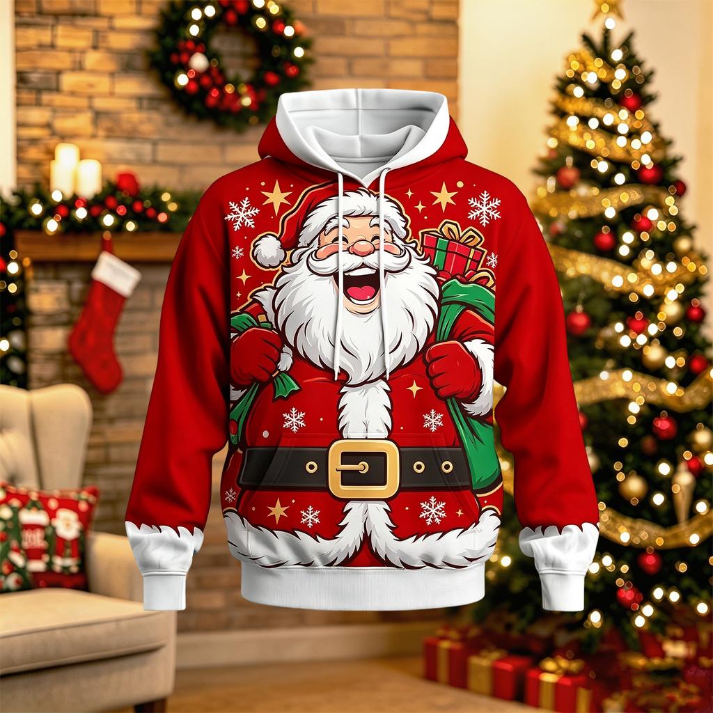 Men's Long Sleeve Hooded Sweatshirt with Christmas Print for Holiday and Casual Winter Wear