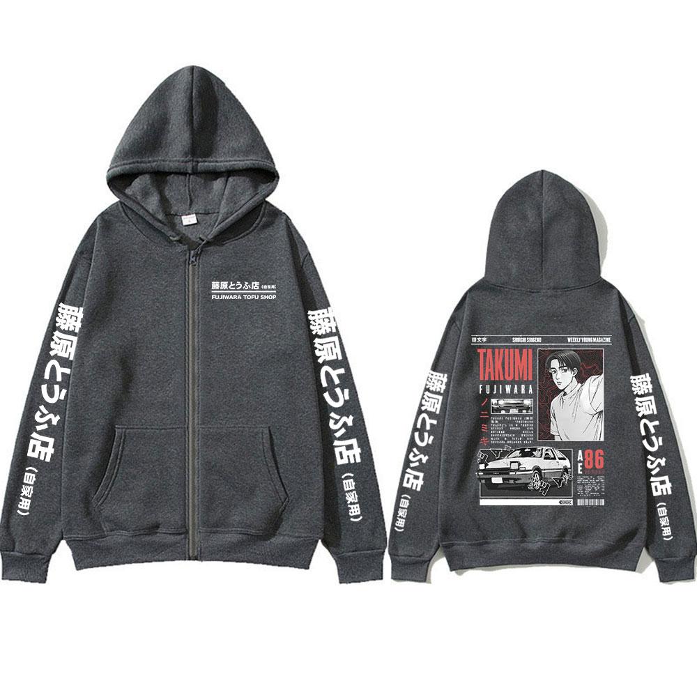 Anime Initial Takumi Fujiwara Tofu Shop JDM Car Zipper Hoodies Men Women Long Sleeve Zip Up Sweatshirts Jacket Coat