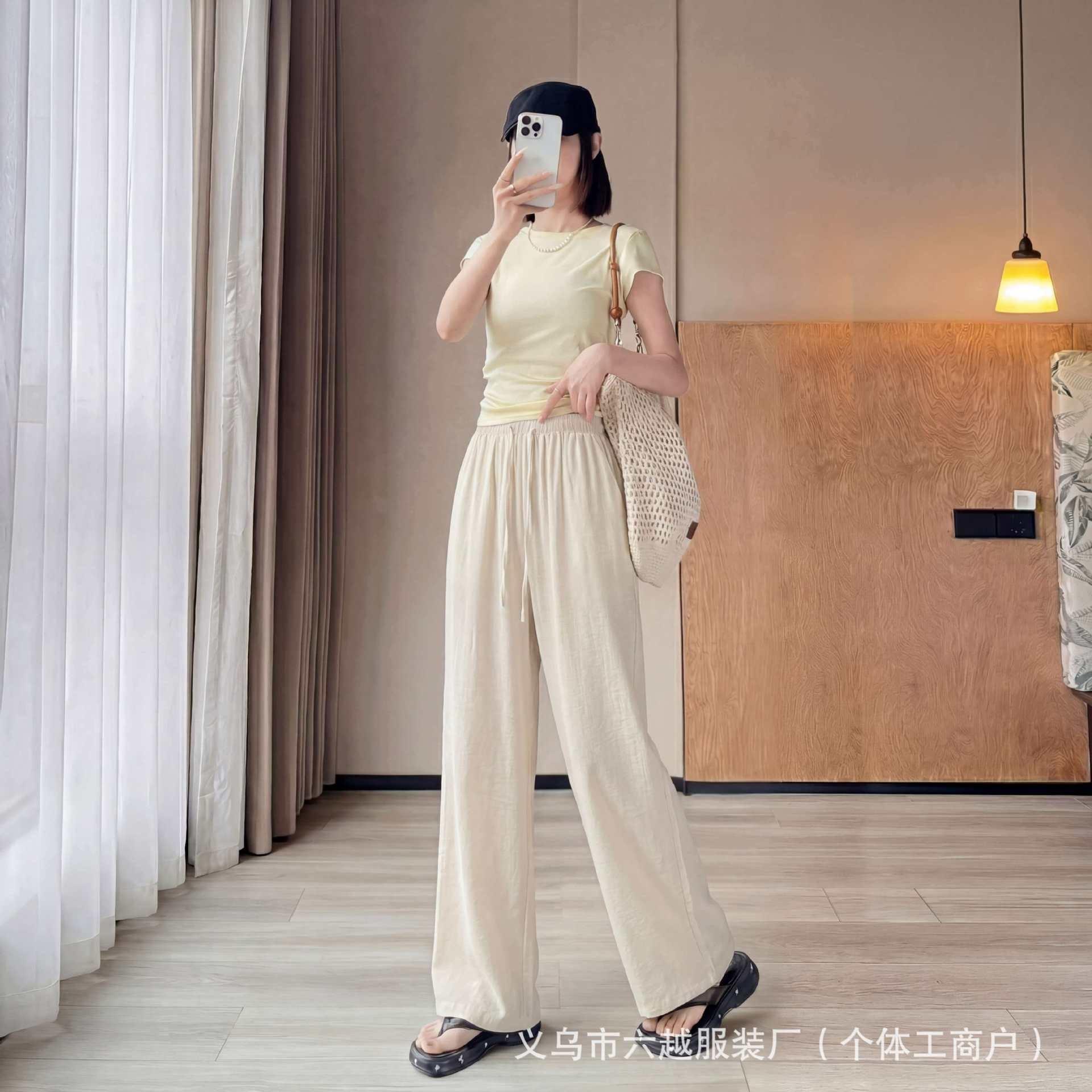 Women s Drawstring High Waist Wide Leg Pants Thin Tencel Linen Straight Trousers Loose Draped Casual Summer Pants M