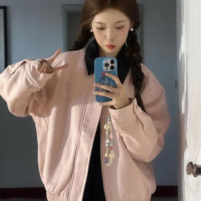 Женская розовая лацканами повседневная бейсбольная куртка - Свободный крой, осенний стиль S