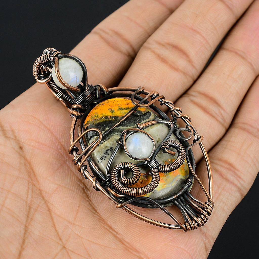 Bumble Bee Jasper & Rainbow Moonstone Jewelry, 999 Copper Wire Wrapped Gemstone Pendant, Handmade Pendant, For Memorial Day