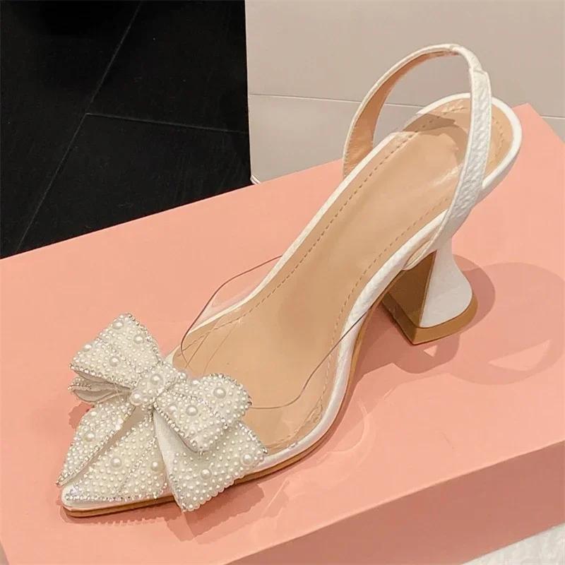Butterfly-knot PVC Transparent String Bead Women Pumps Sandals Fashion Pointed Toe Party Mule Shoes Size 35-41
