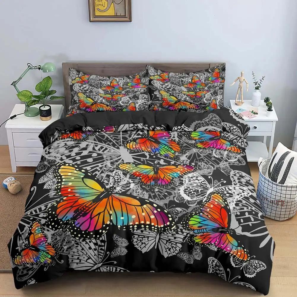 Butterfly Duvet Cover Set Colorful Butterfly Heart Shape Comforter Cover Spring Fresh Style Animal Polyester Bedding Set Girls
