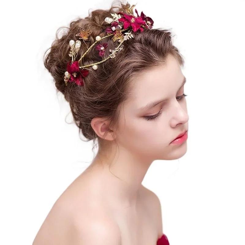New Chinese Elegant Red Flower with Pearl Bride Wedding Headwear Retro Handmade Flower Ring Crown Performance Photo Accessories