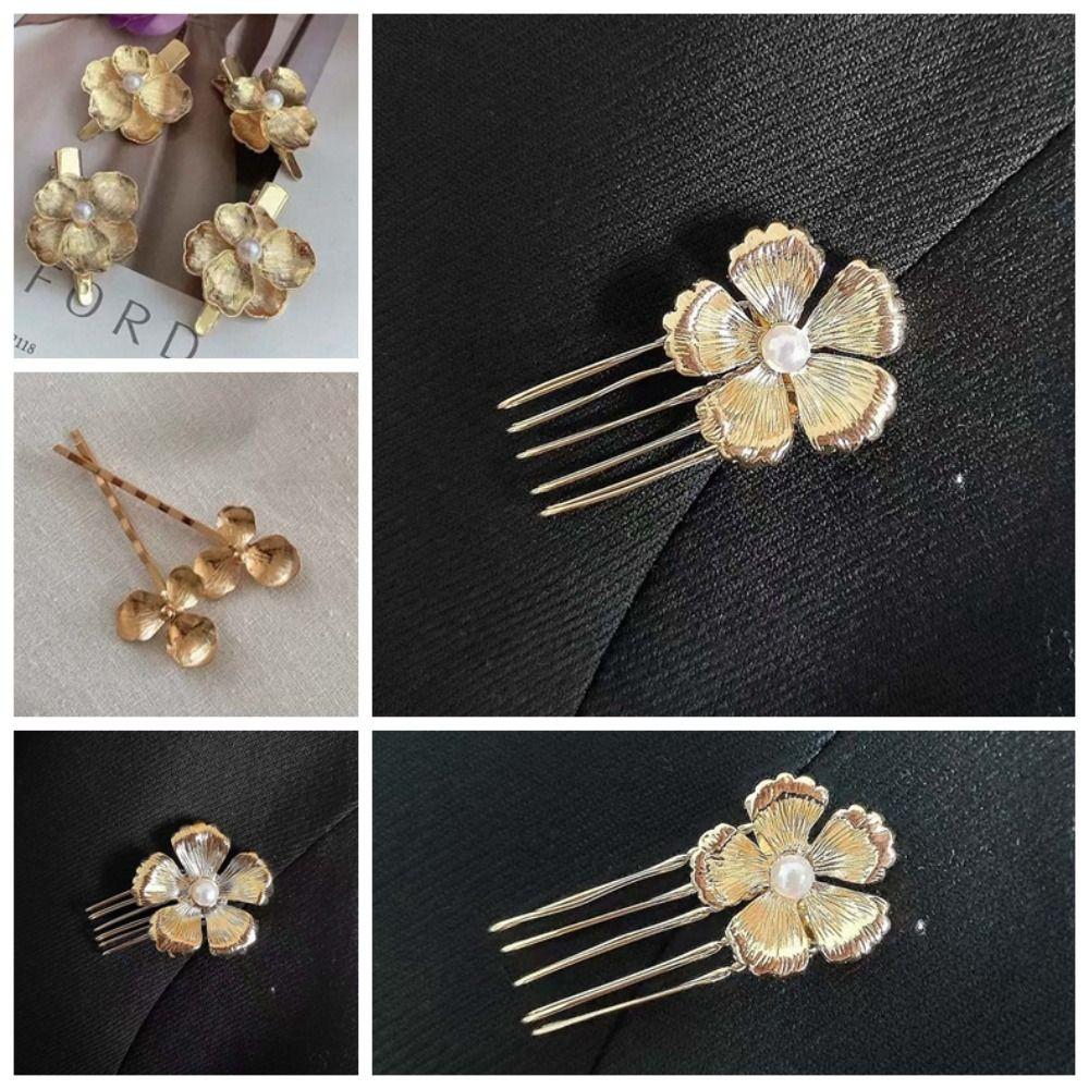 5pcs Retro Golden Flower Hair Forks Hairstyle Tools Wave Zinc Zinc Alloy Barrettes Pearl Side Clips  Banquet