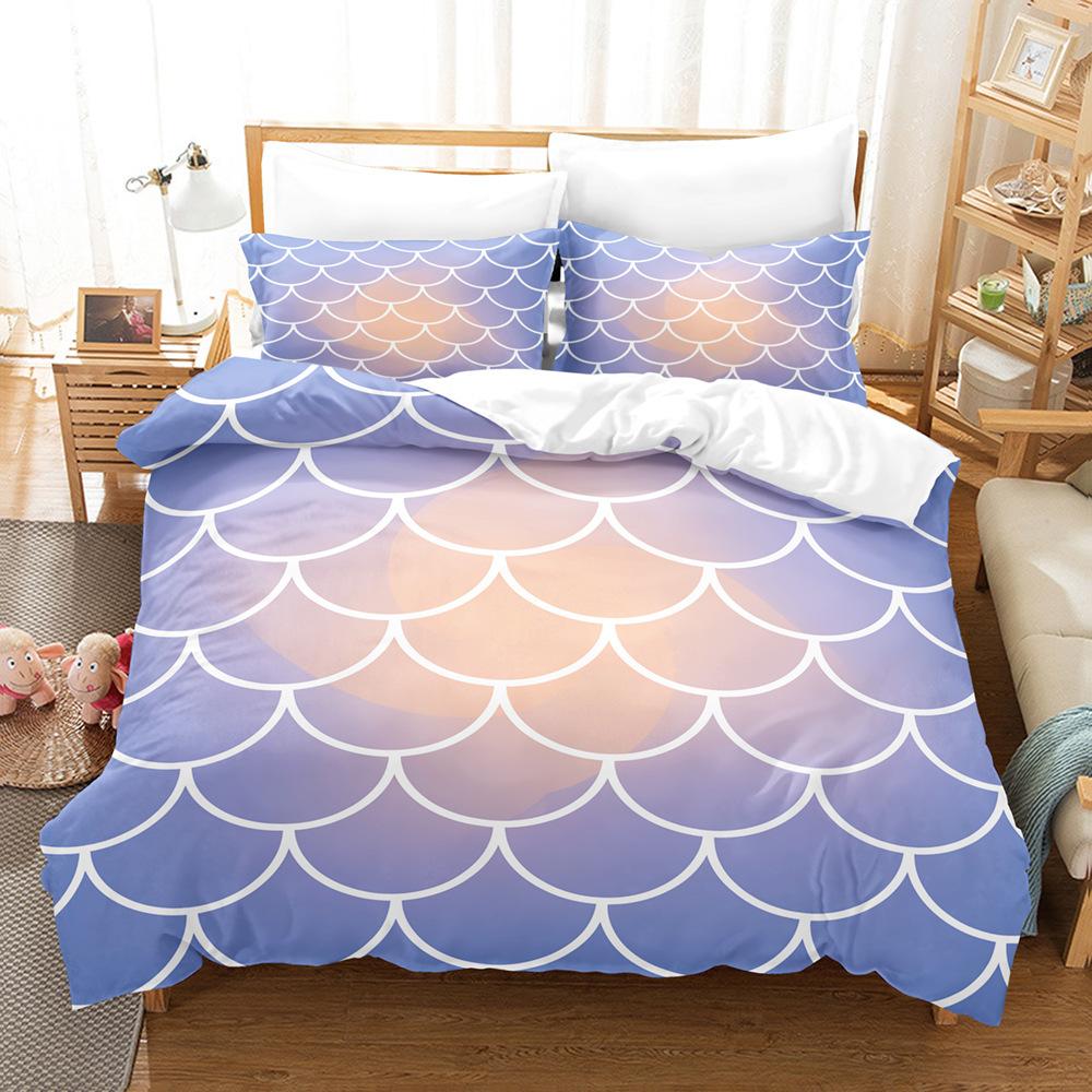 Laser Gradual Change Fish Scale 3D Digital Printing Three-Piece Set, Quilt Cover Pillowcase