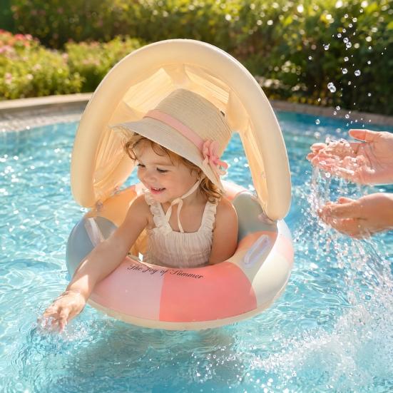 Baby Pool Float with Canopy Vintage Striped Inflatable Swim Ring with Safety Seat