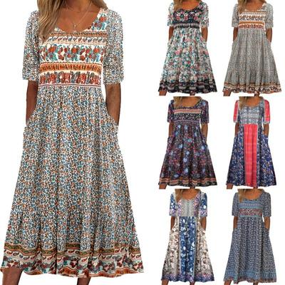 Cool and Retro Summer Dress New Women's Round Neck Short Sleeve Long Skirt Bohemian Print Dress Women