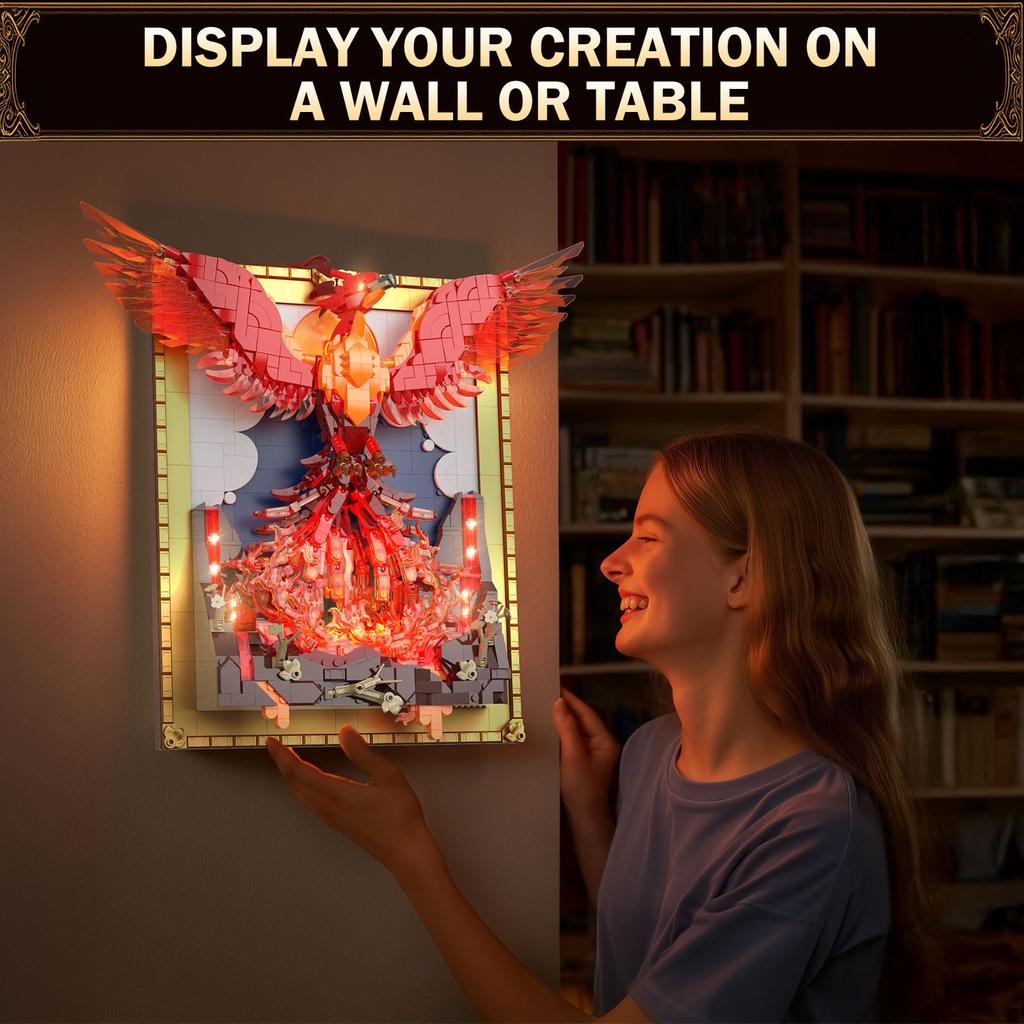JMBricklayer Phoenix Nirvana Baustein-Set mit Lichtern 70017, 3D Tier Wandkunst und Handwerk, Erwachsenen Kunst Malrahmen für Zuhause Wand & Schreibtisch