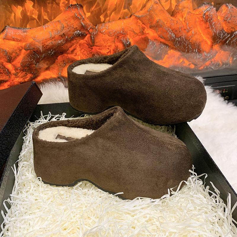 Women's Retro Lightweight and Comfortable Non-slip Heightening Winter Warm Plush Lining Non-slip Durable Casual Cotton One-step Half Slippers