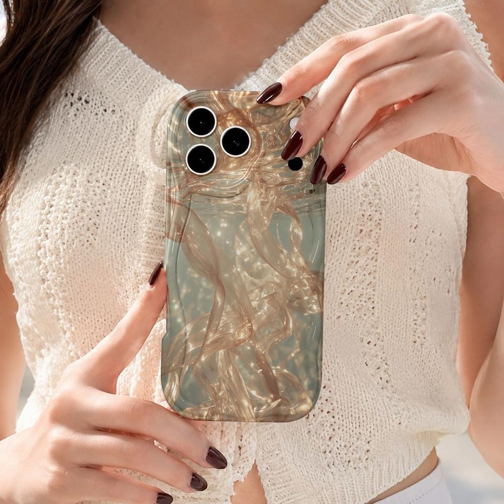 Gold Ribbon Light Fluid Phone Case for iPhone 16 15 14 Pro Max 13 12 11 Mini XR XS SE Wavy Edge Soft Protective Cover
