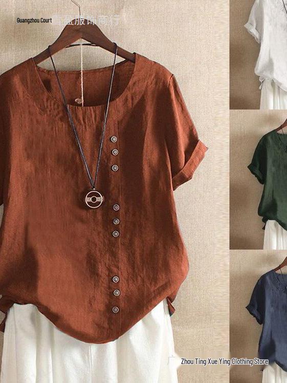 Women's Plus Size Casual Cotton Linen Button-Up Retro T-Shirt