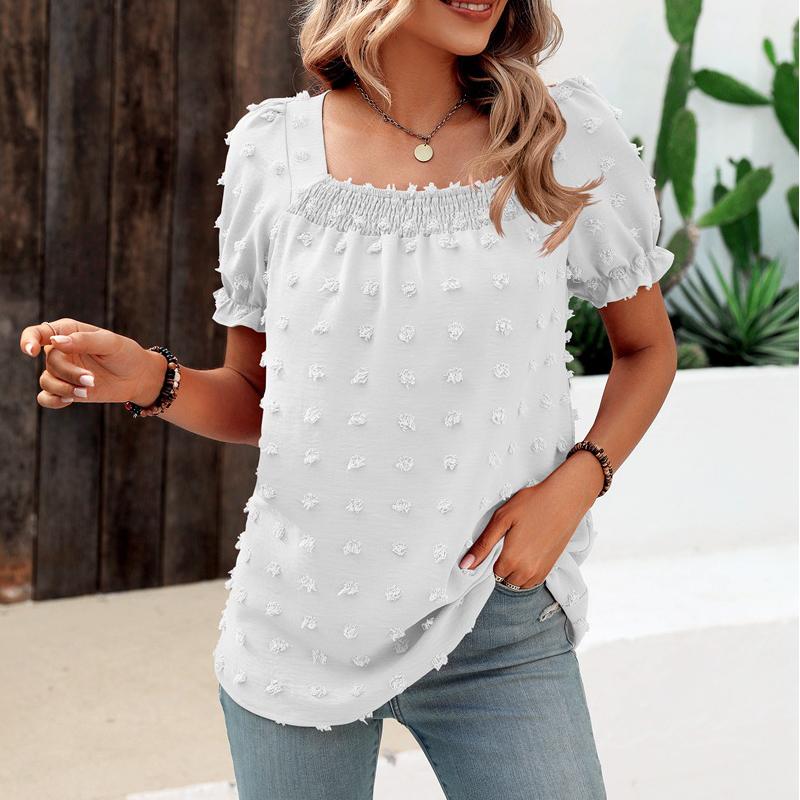 Women Summer Square Collar Short Sleeve Blouses Solid Loose Elegant Shirts Casual Streetwear Tunic Tops 2025