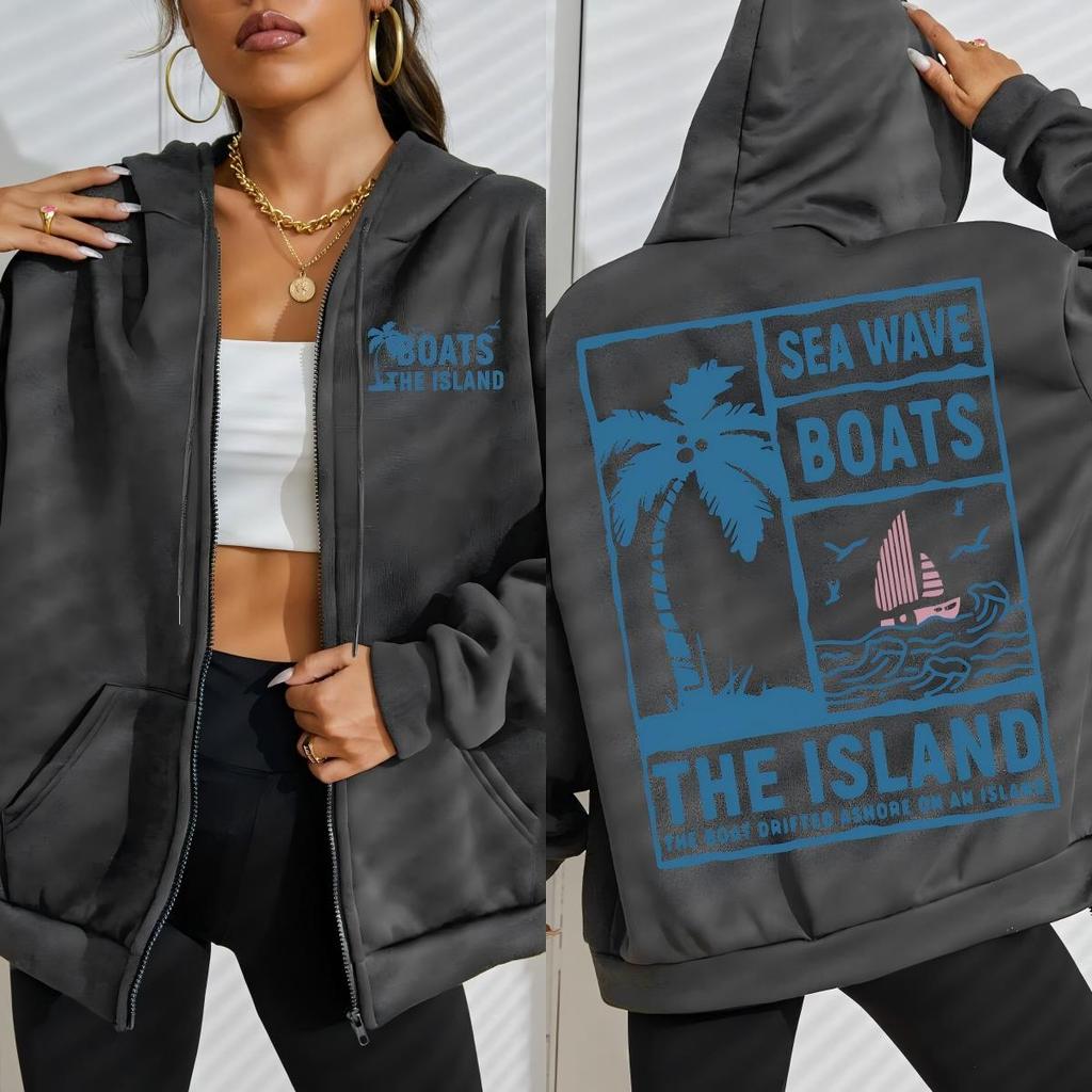 Sea Wave Boats The Island Printed Zipper Hoodie Woman Fashion Oversize Hoody Autumn O-Neck Streetwear Clothing