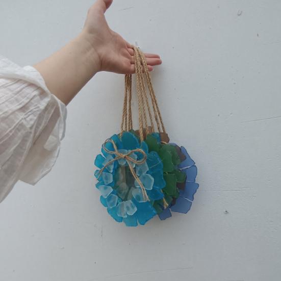 Sea Glass Wreath Handmade Coastal Style Beach Wreath 6 Inch Sea Glass Art Hanging Ornament for Door Window Kitchen Cabinet Chair Wall Home Decor