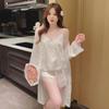 Pajamas women's spring and summer ice silk long-sleeved suspender shorts nightgown three sets with chest pads sexy lace seduction loungewear