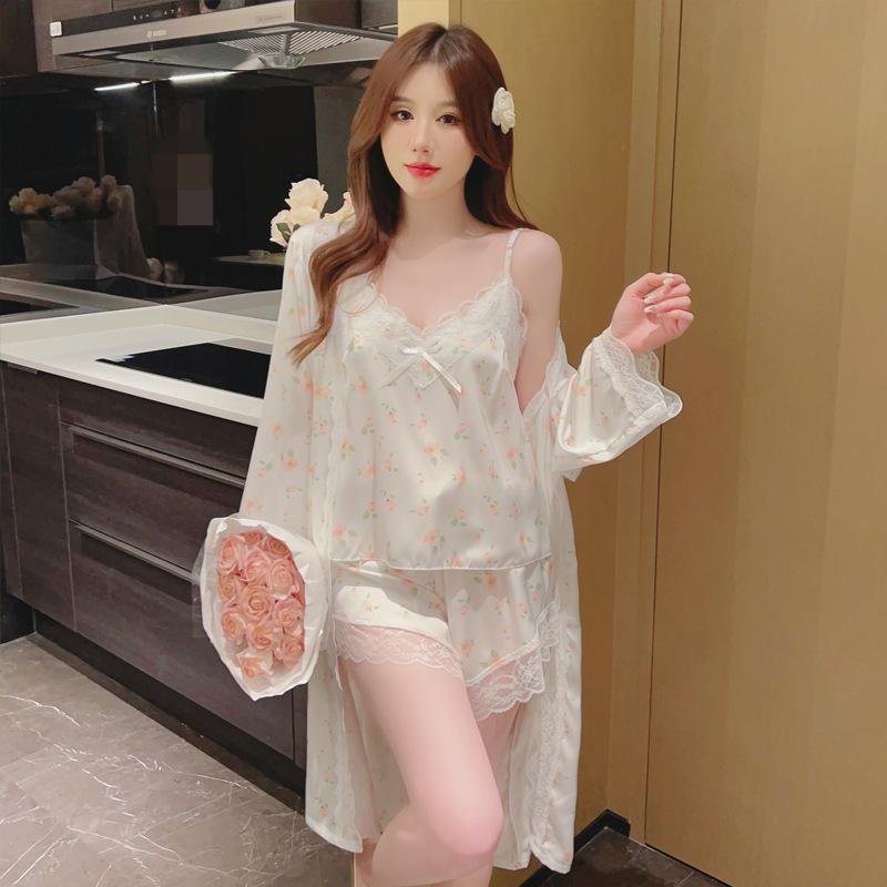 Pajamas women's spring and summer ice silk long-sleeved suspender shorts nightgown three sets with chest pads sexy lace seduction loungewear