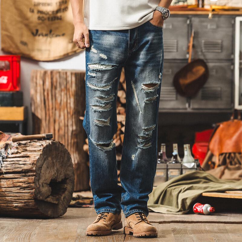Мужские американские ретро прямые джинсы с потертостями 33