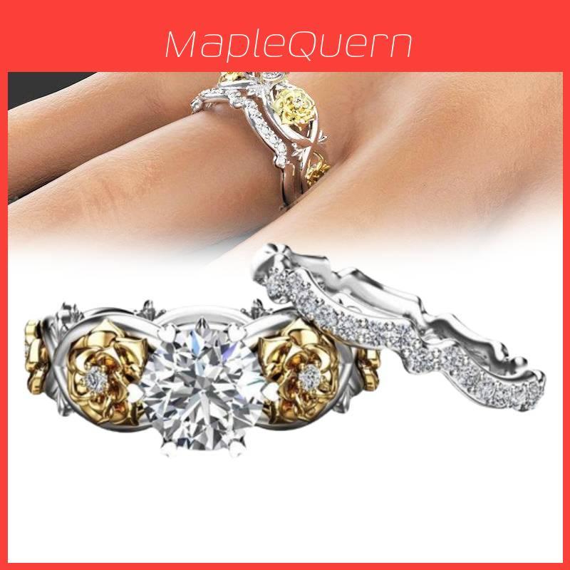 Elegant Gold Plated Two Tone Couple Rings Fashionable Floral Design Womens Jewelry