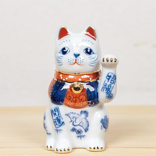 Yakushigama Maneki-neko (Beckoning Cat) Sometsuke (Blue and White) Good Luck 3.5-inch (Left Hand Rai