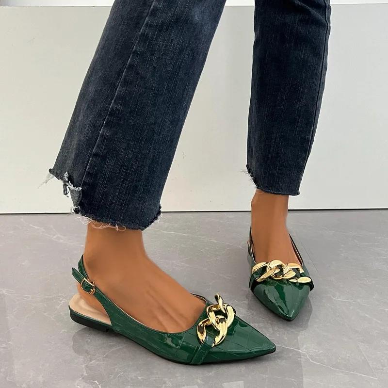 

Мода 2025 Новые летние женские сандалии Модные металлические цепочки Балетки Острый носок Женские повседневные туфли Лодочки Роскошные сандалии Женские Дизайнерские 35 зелёный
