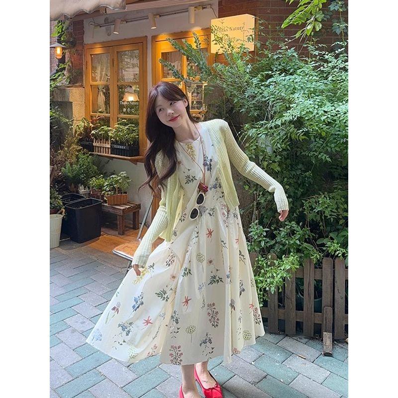 Gentle Suit Women's Small Sun Protection Knit Cardigan Tops Autumn Seaside Floral Skirt Dress Two-piece Set