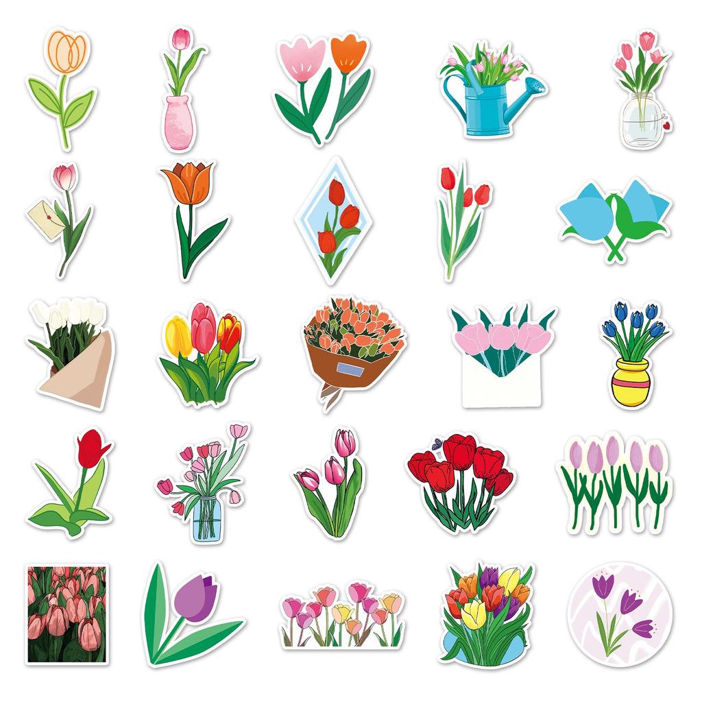 50pcs Tulip Cartoon Graffiti Stickers for Journals, Water Bottles & Suitcases - Waterproof