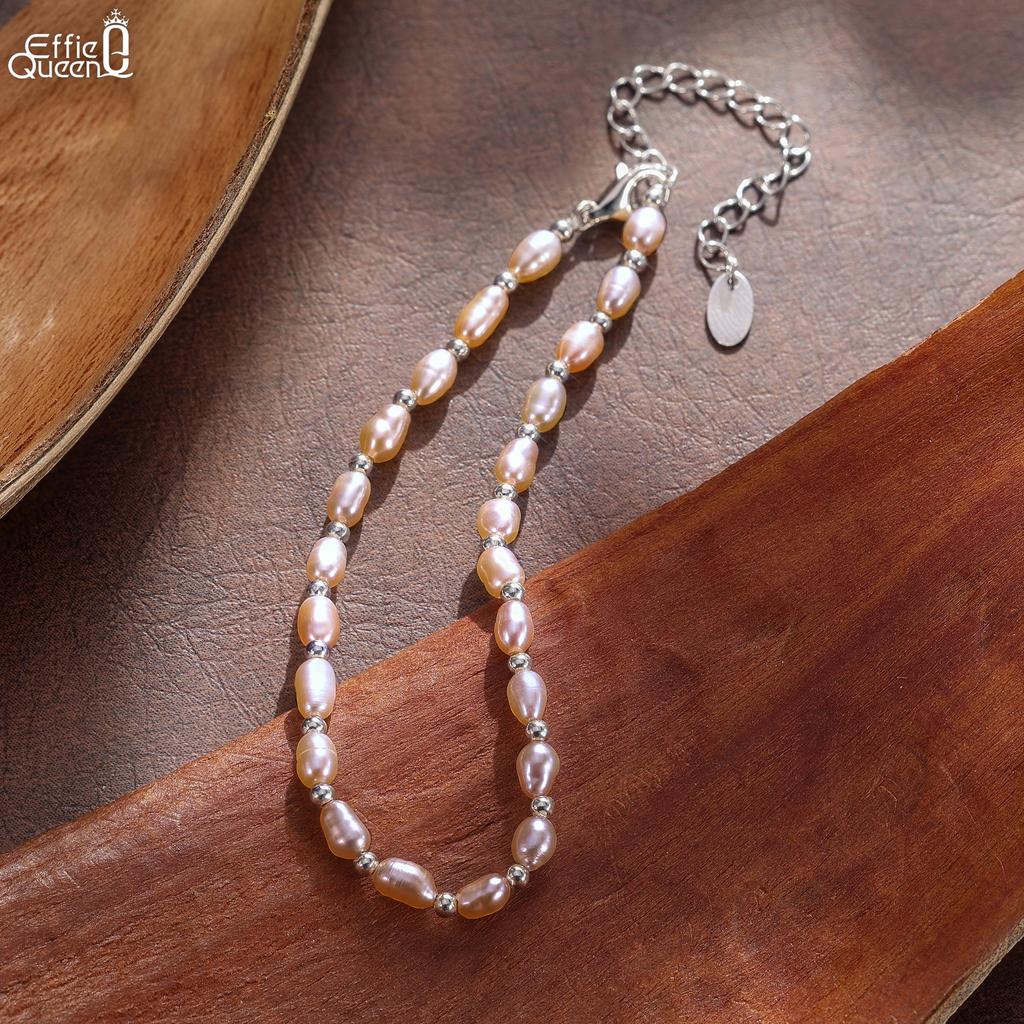 EFFIE QUEEN 925 Pure Silver Rose Gold Round Pearl Beads Ball Chain Bracelet Natural Jewelry for Women Wedding Party Gift GPB49