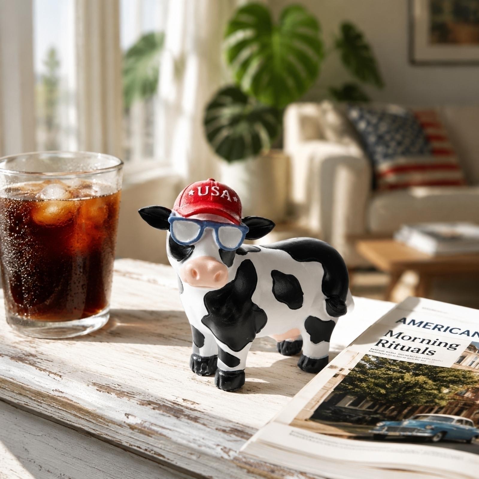 10cm Standing Cow Figurine Wearing Sunglasses and Cap USA Design Detailed Resin Animal Statue for Home Office Decoration One Size