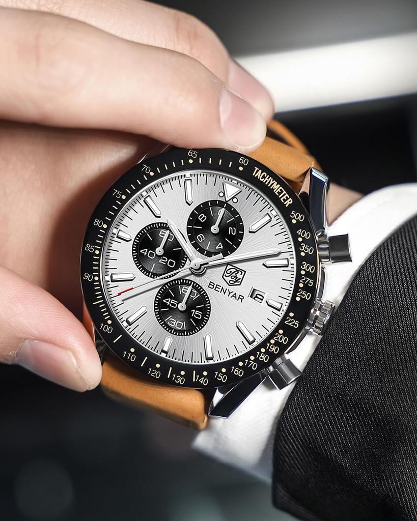 Benyar Men's Chronograph Watch 30M Water-Resistant Business Stylish Leather Band Quartz Brown Silver Gift