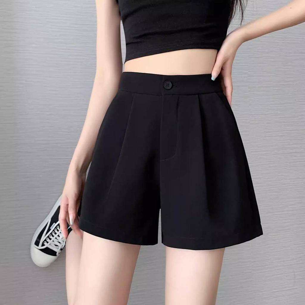 Women's 2024 French A-Line Black Summer Shorts - High Waist, Thin, Loose, Wide-Leg Design