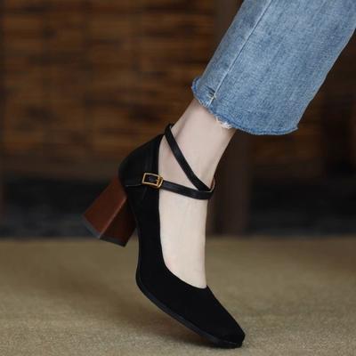 Fashion New Style Women's High Heels Abrasive Leather Retro Stitched Square Head Chunky Heel Cross-buckle Mary Jane Single Shoes Traf