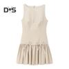 Women Summer Dress Sleeveless Bow Decor Pleated A-line Solid Color Mini Dress Back Zipper Closure O Neck Vest Dress for Dating Party