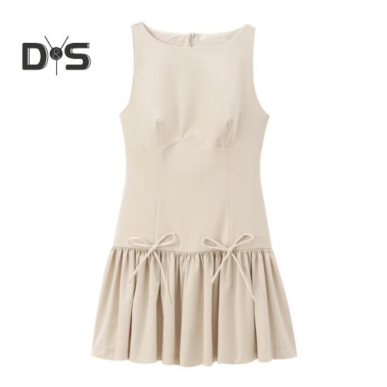 Women Summer Dress Sleeveless Bow Decor Pleated A-line Solid Color Mini Dress Back Zipper Closure O Neck Vest Dress for Dating Party