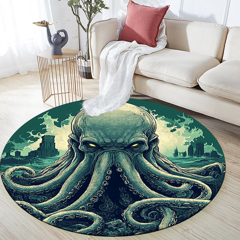 Green Octopus Round Area Rug,Carpet Rug for Living Room Bedroom Sofa Playroom Decor,Non-slip Floor Mat