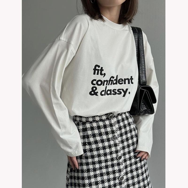 Hirsionsan Sanfte Brief Gedruckt Oansatz Langarm T Shirts Frauen Vintage Grundlegende Alle-spiel Pullover Tees Weibliche Freizeit Kleidung