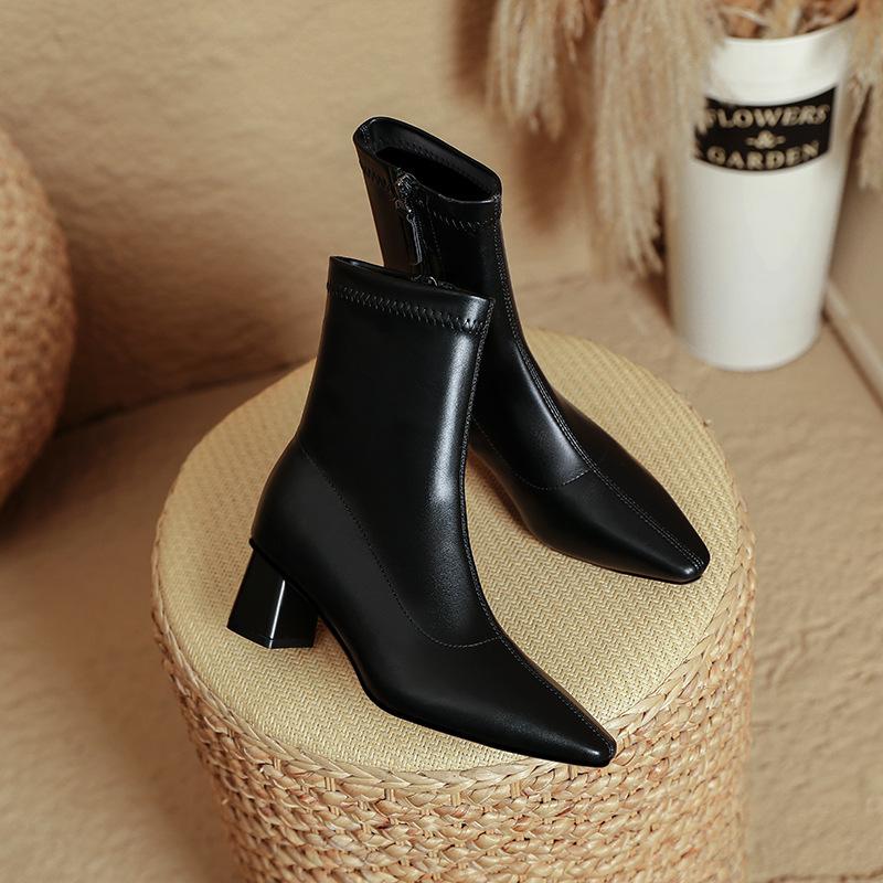High-heeled short boots women's spring and autumn single boots 2025 new small square head thick heel thin boots brown French medium boots