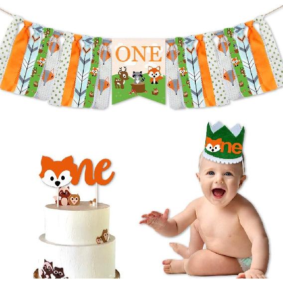 Woodland Animal 1st Birthday Decoration,Woodland Creatures High Chair Banner Baby First Birthday Crown Fox ONE Cake Toppers for Wild One Birthday