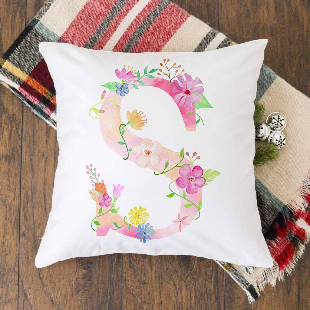 Pink Alphabet Flower Printed Cushion Cover Pillowcase English Letter A-Z Home Decorative Sofa Bed Backrest Pillow Cover 45*45cm
