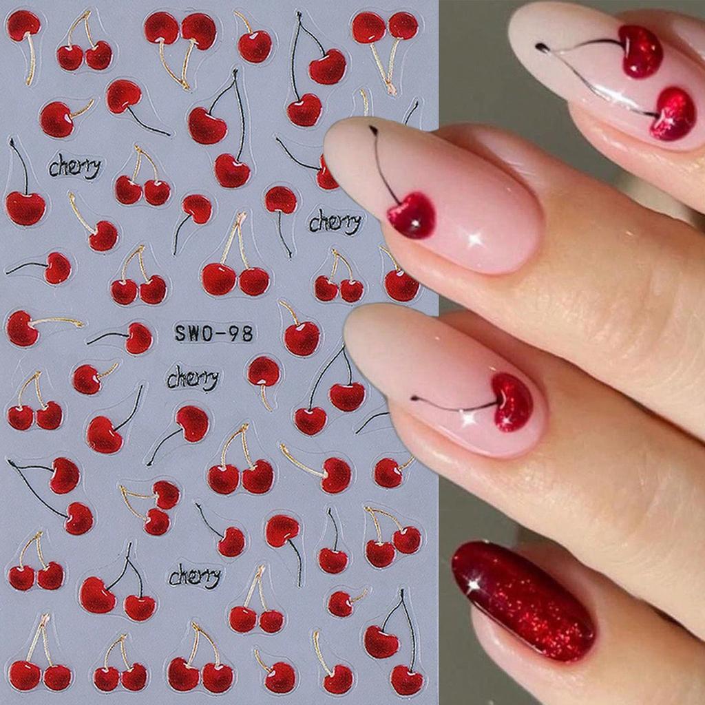 1pc 3D Super Cute Juicy Cherry Nail Art Stickers, DIY Fruit Nail Stickers, Self-Adhesive, DIY Nail Decor, Nail Accessories
