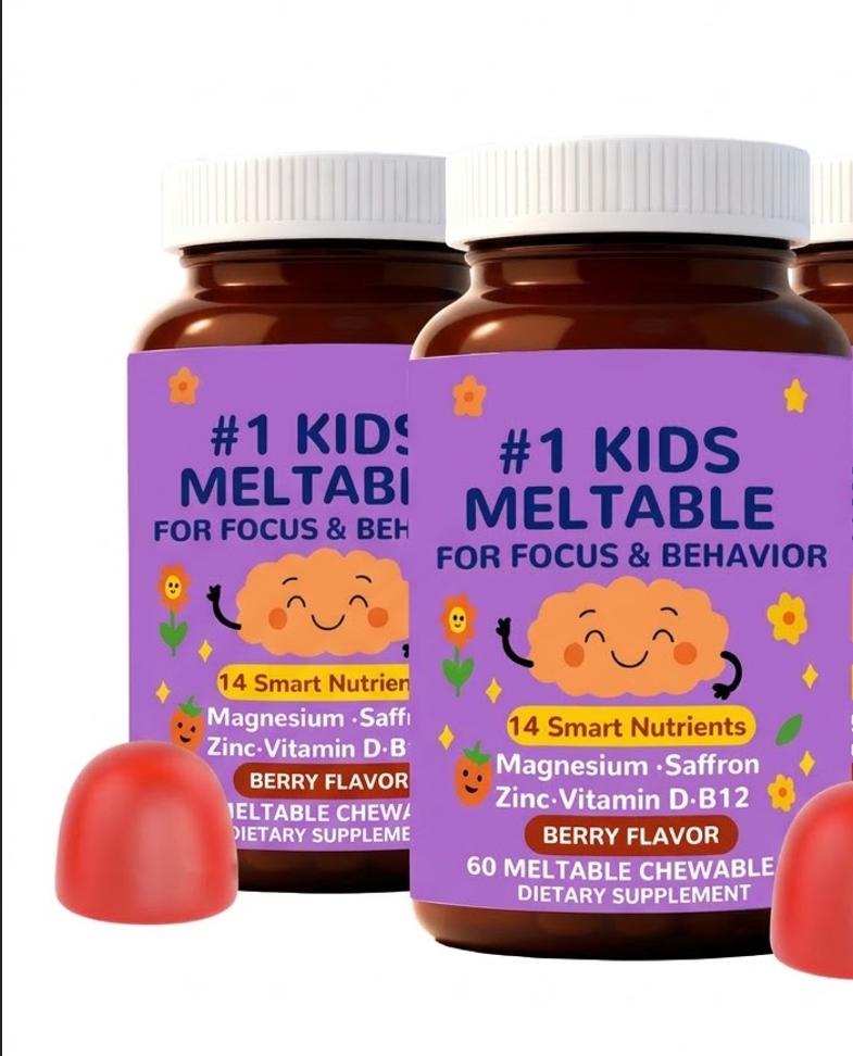 Kids Brain & Focus Supplement - Saffron, Magnesium, L-Theanine - Berry 60s